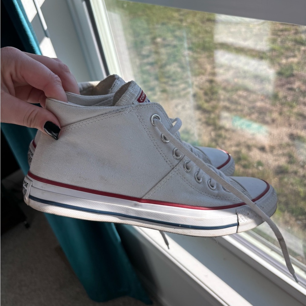Converse Off-White Canvas High-Top Sneakers with Red Stripe